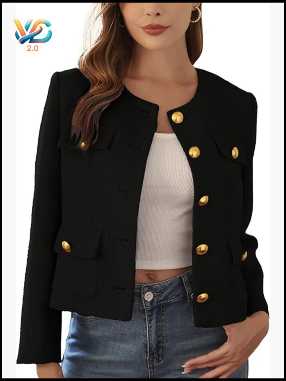 Cropped Tweed Blazer with Gold Buttons, Business Casual, Lightweight Polyester